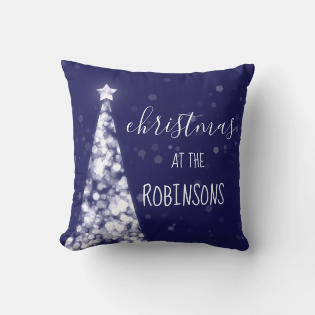 Family Name Christmas Sparkling Trees Navy Blue Throw Pillow (Front)
