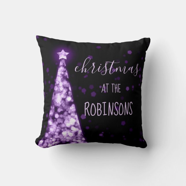 Family Name Christmas Sparkling Trees Purple Throw Pillow (Front)