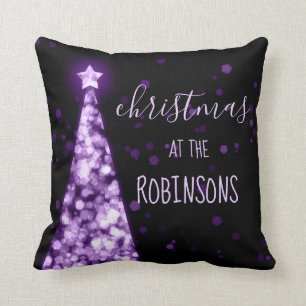 Family Name Christmas Sparkling Trees Purple Throw Pillow