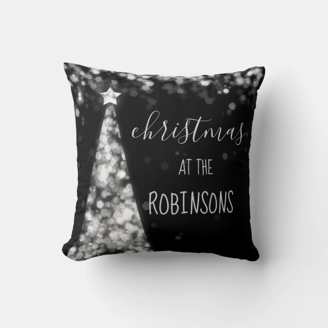 Family Name Christmas Sparkling Trees Silver Throw Pillow (Front)