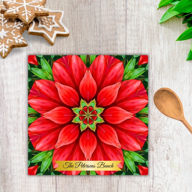 Family Name Christmas Themed Decor Poinsettia Trivet (A festive Christmas themed trivet featuring a beautiful poinsettia and your own family name!)
