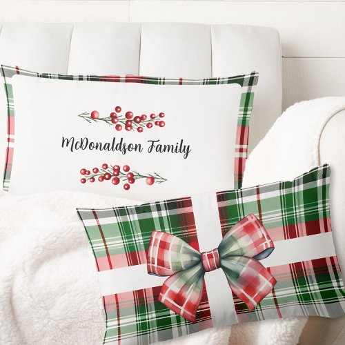 Family Name Christmas Vintage Gift Plaid Red Green Lumbar Pillow