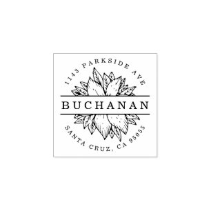 Family Name Circular Botanical Return Address Rubber Stamp