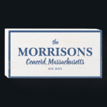 Family Name, City State, Year Established Custom Wooden Box Sign<br><div class="desc">The perfect addition to your home decor - wooden sign featuring your family name,  city,  state and year established - or easily add your custom text.  Easily change the blue lettering and border color. Makes a great welcome sign or new home housewarming gift.</div>