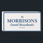 Family Name, City State, Year Established Custom Wooden Box Sign<br><div class="desc">The perfect addition to your home decor - wooden sign featuring your family name,  city,  state and year established - or easily add your custom text.  Easily change the blue lettering and border color. Makes a great welcome sign or new home housewarming gift.</div>
