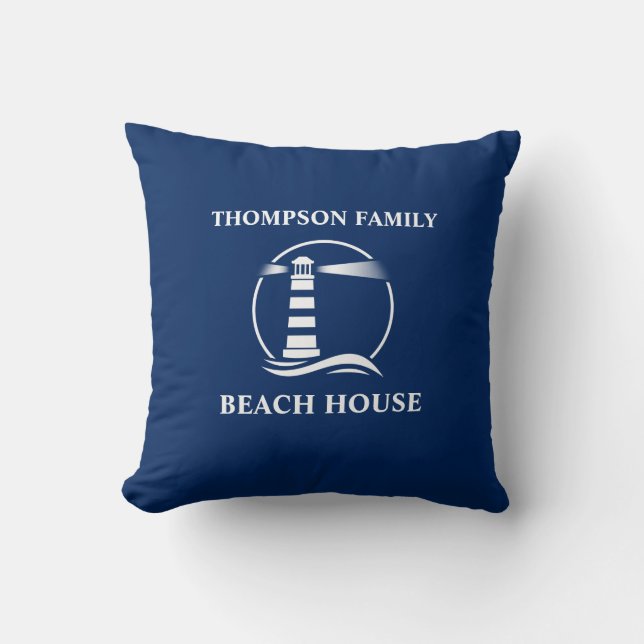 Family Name Classic Nautical Lighthouse Navy Blue Throw Pillow (Front)