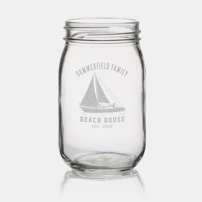 Family Name Coastal Beach House Boat Custom Mason Jar (Glassware)