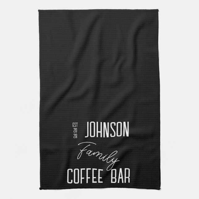 Family Name Coffee Bar Black and White Kitchen Towel (Vertical)