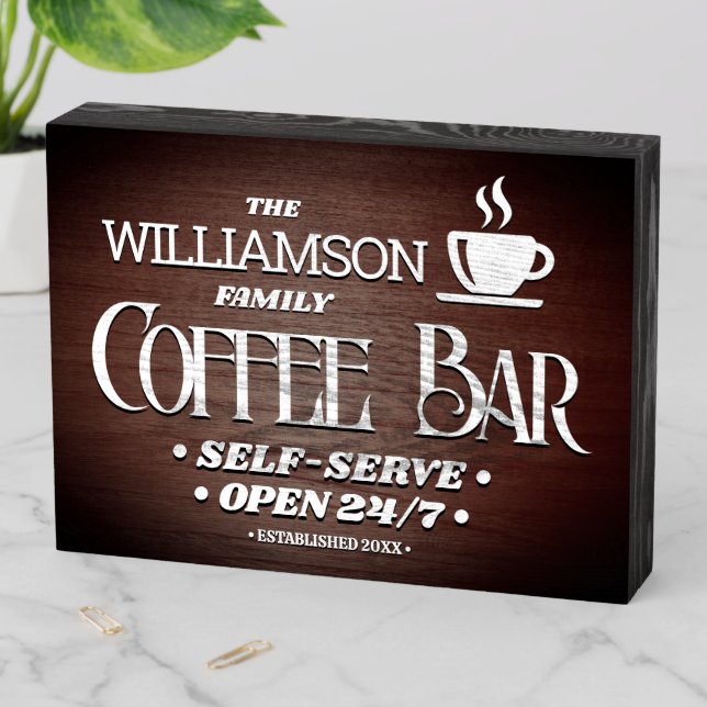 Family Name Coffee Bar Hours  Wooden Box Sign (In Situ Horizontal)