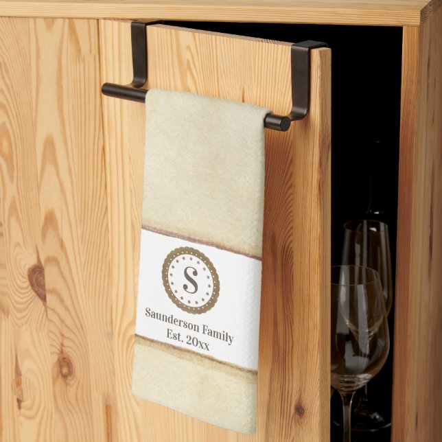 Family name country editable monogram coffee brown kitchen towel (Thirds Fold)