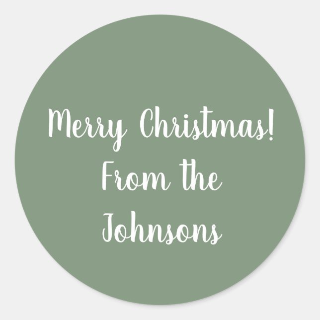 Family Name | Custom Sage Green Merry Christmas Classic Round Sticker (Front)