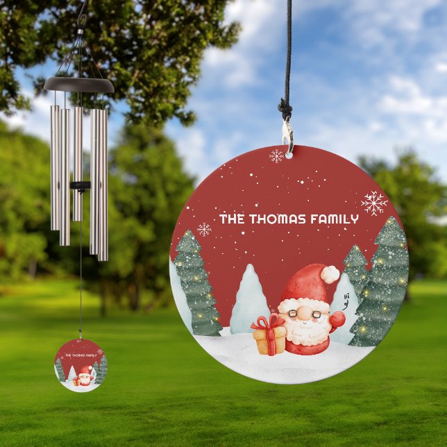 Family Name Cute Christmas Tree Gnome Holiday Wind Chime (Outdoor)