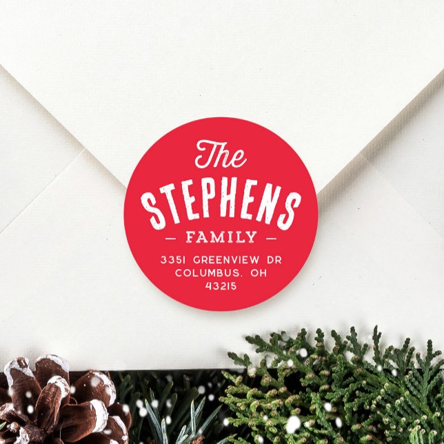 Family name cute holiday return address classic round sticker (Creator Uploaded)