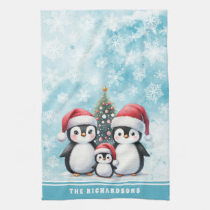 Family Name Cute Penguins Snowy Blue Christmas Kitchen Towel