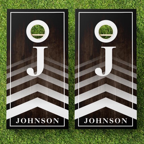 Family Name Dark Wood Faded Chevron Monogram Cornhole Set