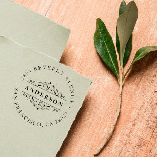 Family Name Deco Flourish Round Return Address Rubber Stamp