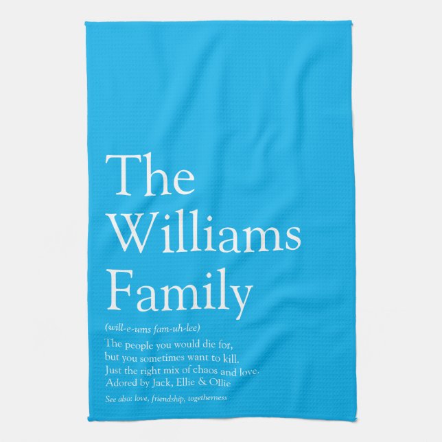 Family Name Definition Fun Modern Blue Kitchen Towel (Vertical)