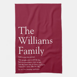 Family Name Definition Fun Modern Burgundy Kitchen Towel