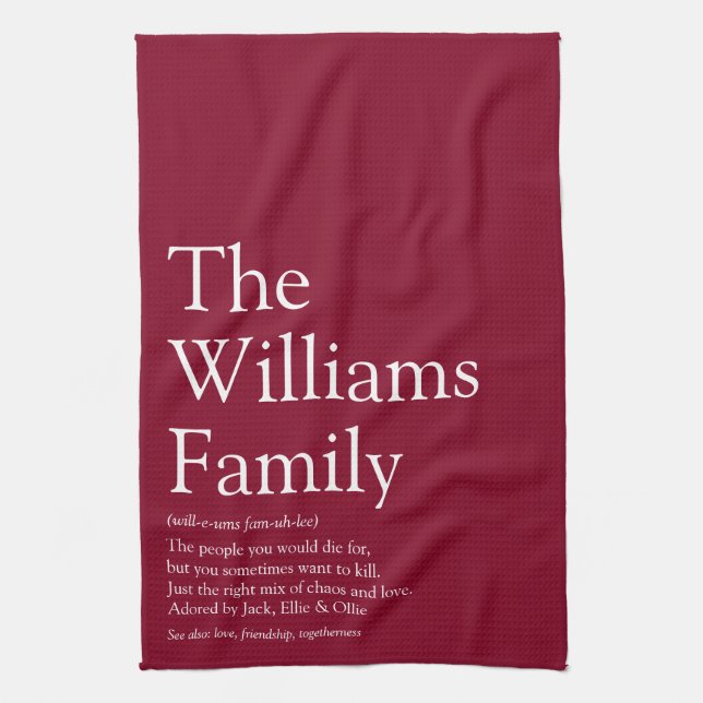Family Name Definition Fun Modern Burgundy Kitchen Towel (Vertical)