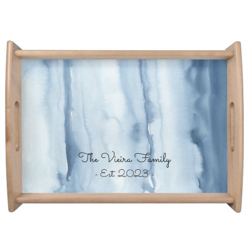 Family Name Dusty Blue Watercolor Decor Serving Tray