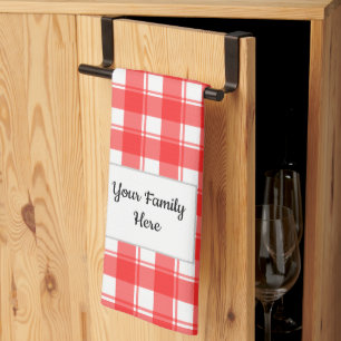Family Name Editable Red White Retro Plaid Patten Kitchen Towel