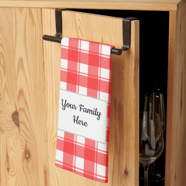 Family Name Editable Red White Retro Plaid Patten Kitchen Towel (Thirds Fold)