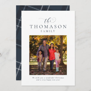 Family name elegant navy blue one-photo Christmas Holiday Card