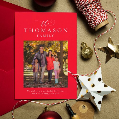 Family name elegant red one_photo Christmas Holiday Card