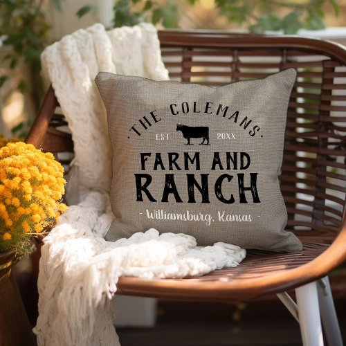 Family Name Farm and Ranch Grain Sack Throw Pillow