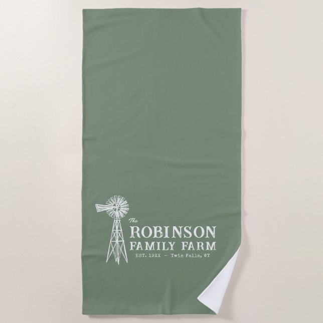 Family Name Farm Rustic Windmill Sage Green Beach Towel (Front)