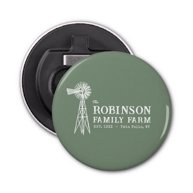 Family Name Farm Rustic Windmill Sage Green Bottle Opener (Front)