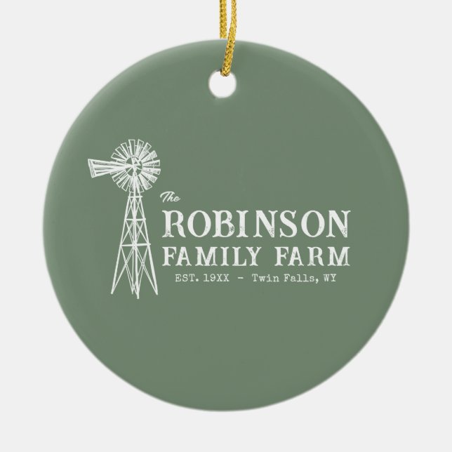 Family Name Farm Rustic Windmill Sage Green Ceramic Ornament (Front)