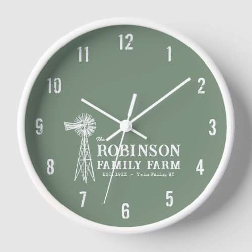 Family Name Farm Rustic Windmill Sage Green Clock