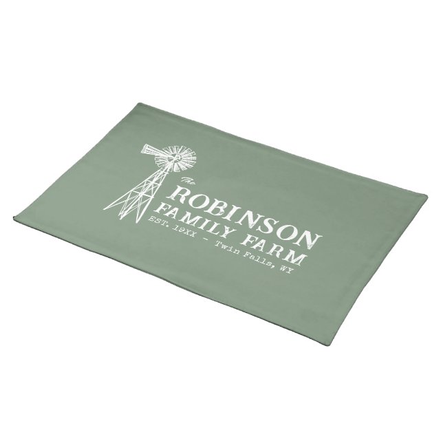 Family Name Farm Rustic Windmill Sage Green Cloth Placemat (On Table)