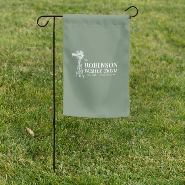 Family Name Farm Rustic Windmill Sage Green Garden Flag (In SItu)