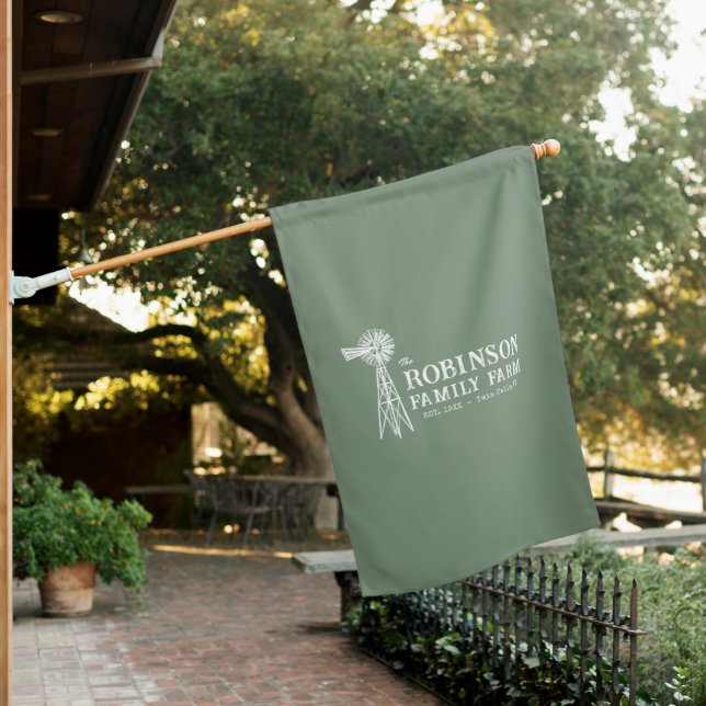 Family Name Farm Rustic Windmill Sage Green House Flag (In SItu)