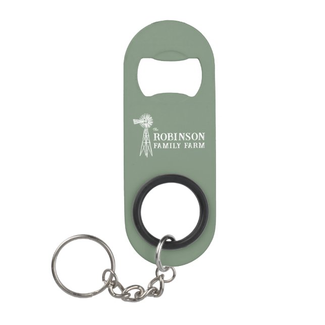 Family Name Farm Rustic Windmill Sage Green Keychain Bottle Opener (Front)