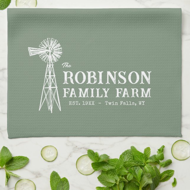 Family Name Farm Rustic Windmill Sage Green Kitchen Towel (Folded)