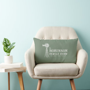 Family Name Farm Rustic Windmill Sage Green Lumbar Pillow