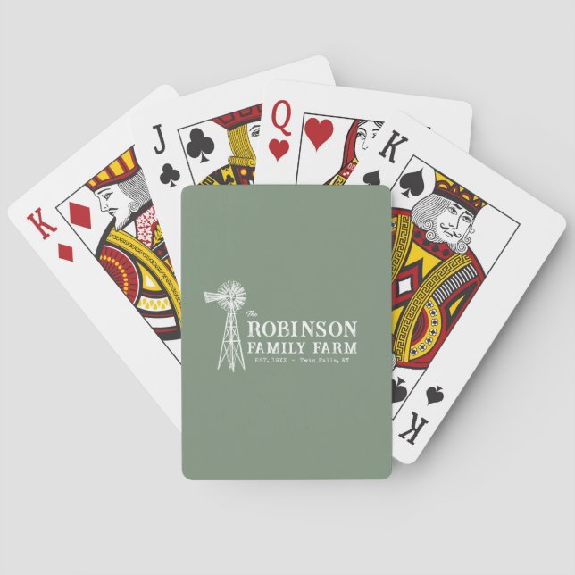 Family Name Farm Rustic Windmill Sage Green Poker Cards (Back)