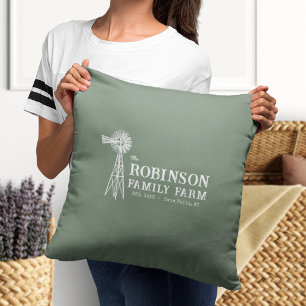 Family Name Farm Rustic Windmill Sage Green Throw Pillow