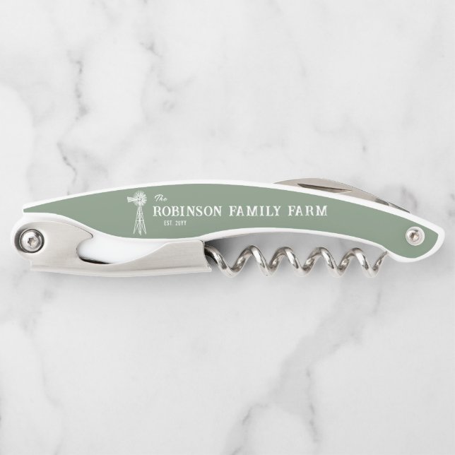 Family Name Farm Rustic Windmill Sage Green Waiter's Corkscrew (Front)