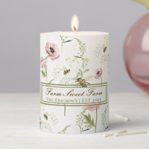 Family name Farm Sweet Farm poppies and wildflower Pillar Candle