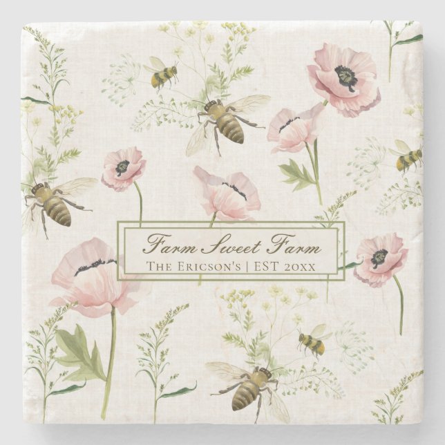 Family name Farm Sweet Farm poppies and wildflower Stone Coaster (Front)