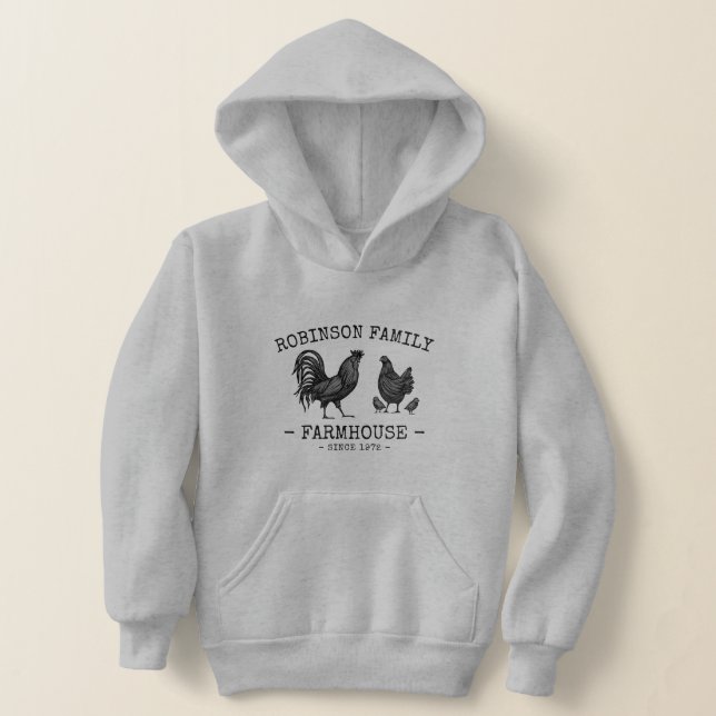 Family Name Farmhouse Hen Chicks Rooster Hoodie (Laydown)