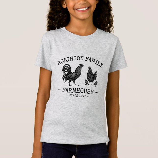 Family Name Farmhouse Hen Chicks Rooster T-Shirt (Front)
