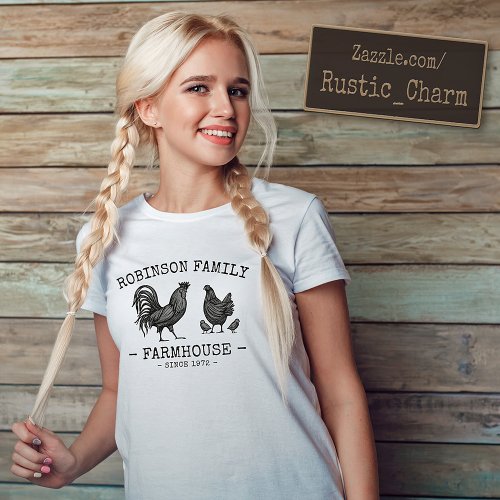 Family Name Farmhouse Hen Chicks Rooster T_Shirt