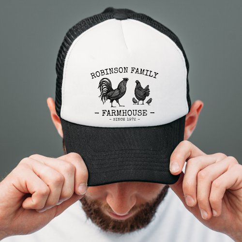 Family Name Farmhouse Hen Chicks Rooster  Trucker Hat