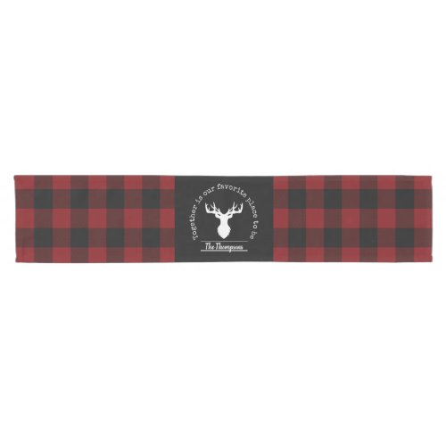 Family Name Farmhouse Red and Black Buffalo Plaid Short Table Runner