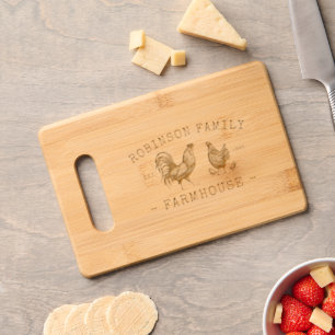 Family Name Farmhouse Rooster Hen Chicken Pullets Engraved Cutting Board
